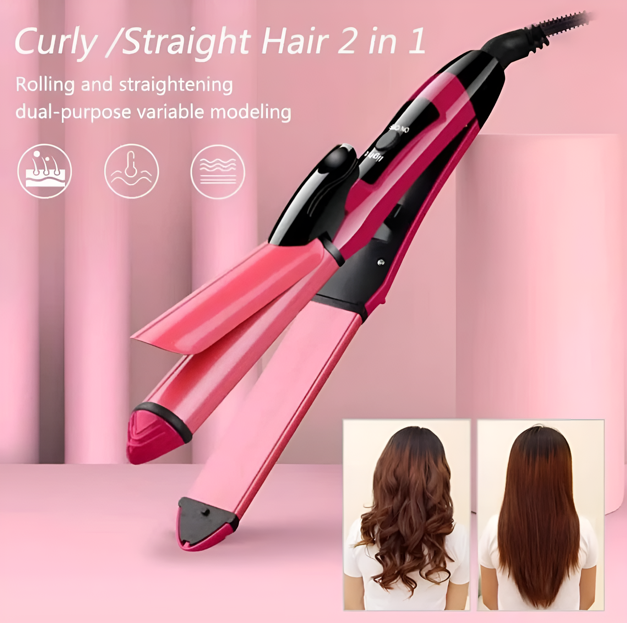 Nova 2-in-1 Hair Straightener & Curler – Model NH-2009, Quick Heat-Up Ceramic Plates for Smooth Straightening & Effortless Curls, Portable Dual-Use Styling Tool for All Hair Types